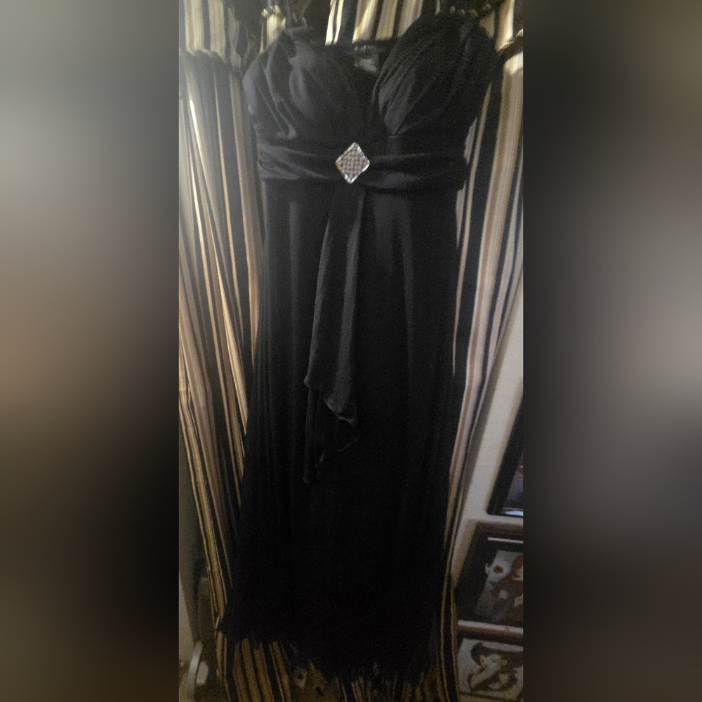 Black Spaghetti Strap Evening Dress with Embellished Waist 12 Chiffon